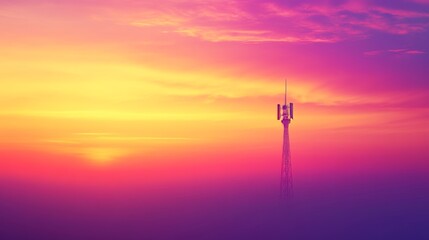 Obraz premium Sunset Over a Communication Tower With Vibrant Colors in the Sky Indicating the Transition From Day to Night
