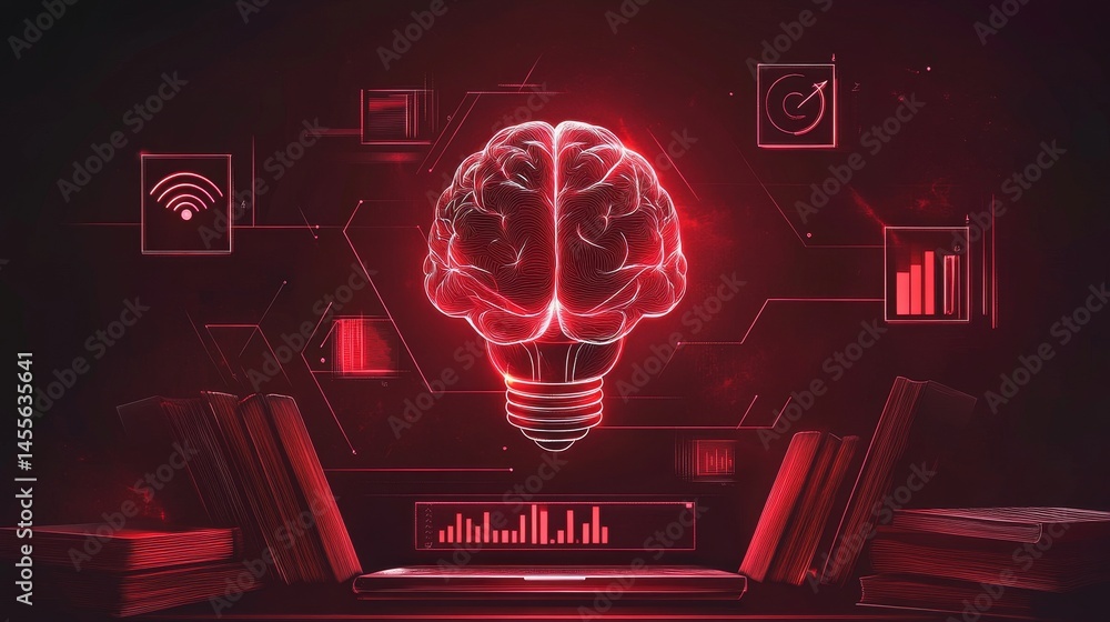 Poster Conceptual Representation of Artificial Intelligence With a Glowing Brain and Digital Elements Surrounding It in a Modern Design