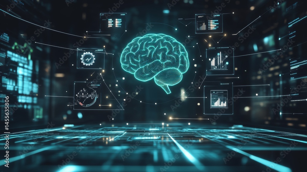 Poster futuristic digital brain surrounded by data visualizations and analytics displays in a high-tech env