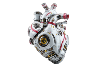 White Robotic Heart With Red Accents On Transparent Background