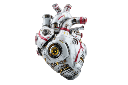 White Robotic Heart With Red Accents On Transparent Background