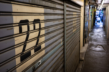 シャッターの閉まった秋葉原の電気街の路地