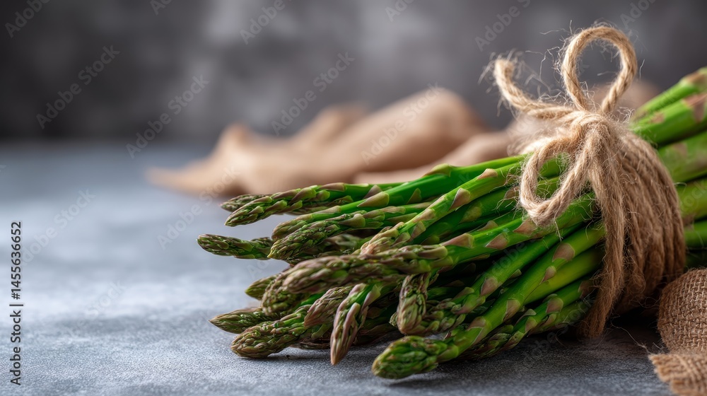 Poster close-up shot showcases fresh asparagus spears bound with jute twine, resting on a smooth slate surf
