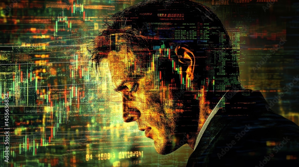 Poster investment strategist analyzing financial data in a high-tech environment during evening hours