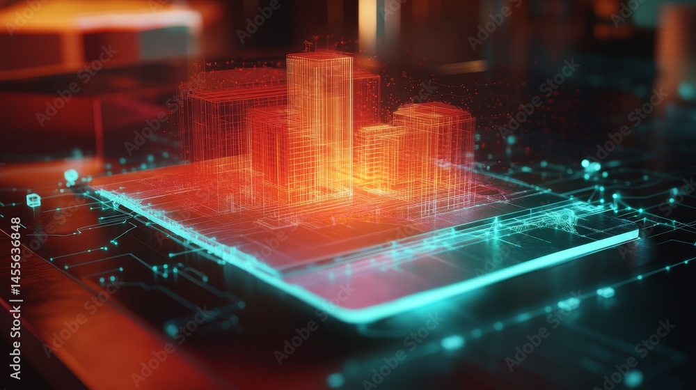 Poster digital cityscape model displayed on a circuit board illuminated in red and blue hues, showcasing fu