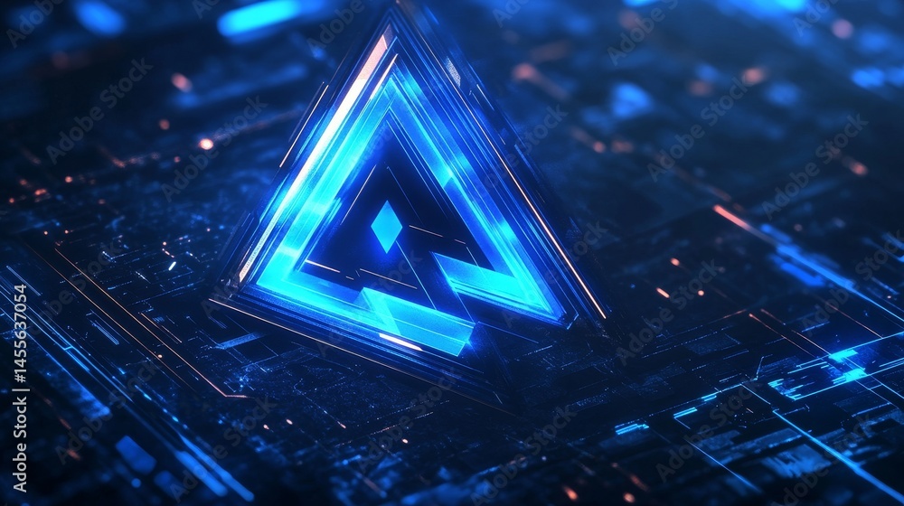 Poster digital design featuring a glowing triangular shape against a dark background with intricate pattern
