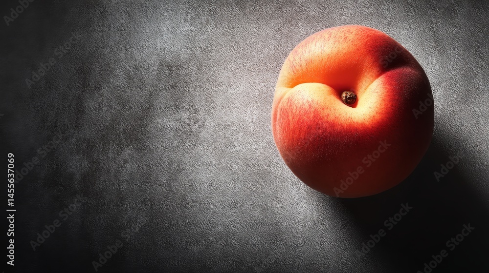 Poster single ripe apricot showcases its vibrant color and smooth surface against a muted gray backdrop, en