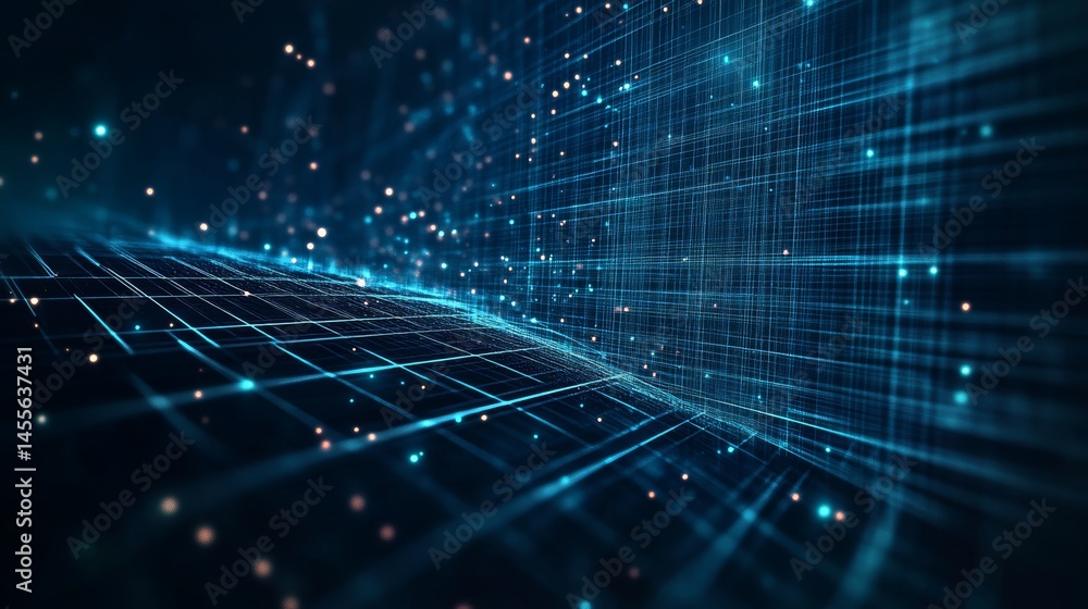 Poster digital wave of blue light particles flows through an abstract grid space showcasing technology and 