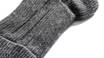 Fototapeta premium Close-up of soft gray woolen socks showcasing cozy textures, isolated against a white background. Ideal for home comfort themes and relaxation purposes