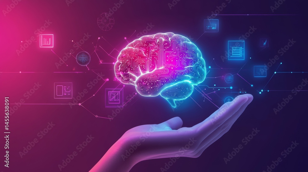 Aufkleber technological brain concept showcasing digital data interactivity and neural networking in a vibrant