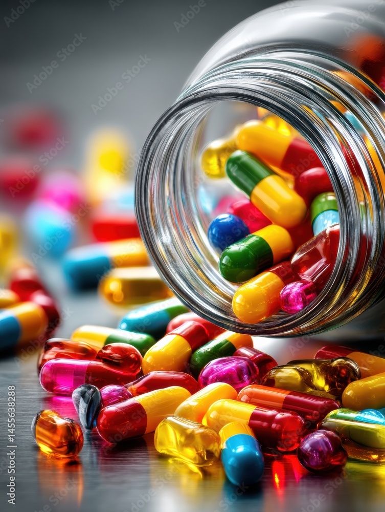 Poster open pill bottle spilling colorful capsules on a dark surface in a minimalistic setting generative a