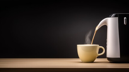 Obraz premium Steaming coffee pouring from a kettle into a yellow cup on a wooden table against a dark background