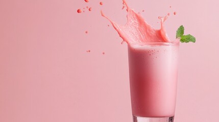 Refreshing pink drink splashing in a glass against a pastel background, showcasing vibrant color and enticing presentation