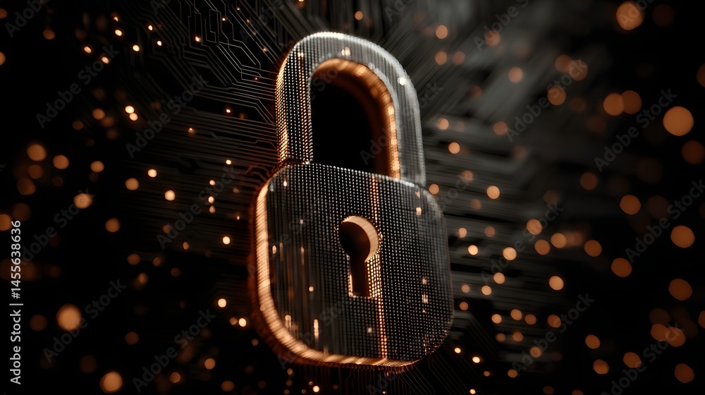 Poster padlock security system as a digital technology concept for cyber space and personal data protection