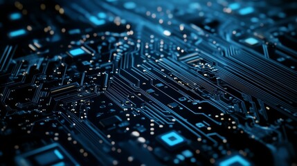 Close-up View of a Complex Circuit Board Featuring Intricate Pathways and Microchips Illuminated in Blue Light at a Technology Lab