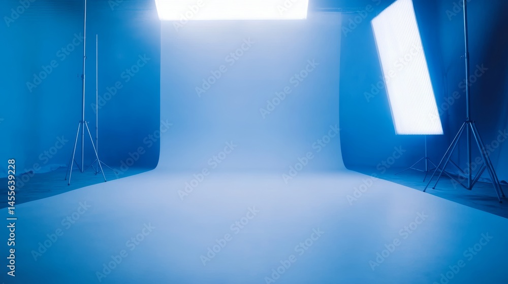 Poster studio space with blue backdrop and lighting setup for creative projects during daylight hours