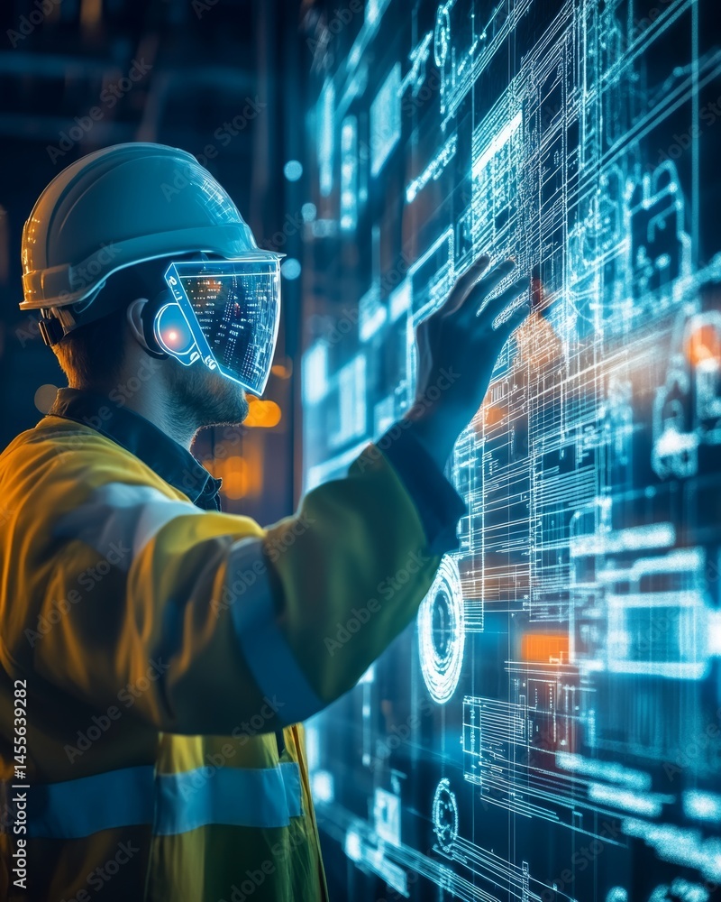 Poster worker in safety gear interacts with high-tech interface displaying digital blueprints in a modern i