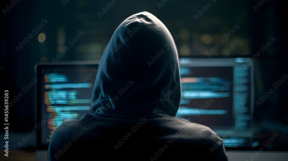 Poster a hooded silhouette figures in front of a computer screen hacking system on dark room the concept of
