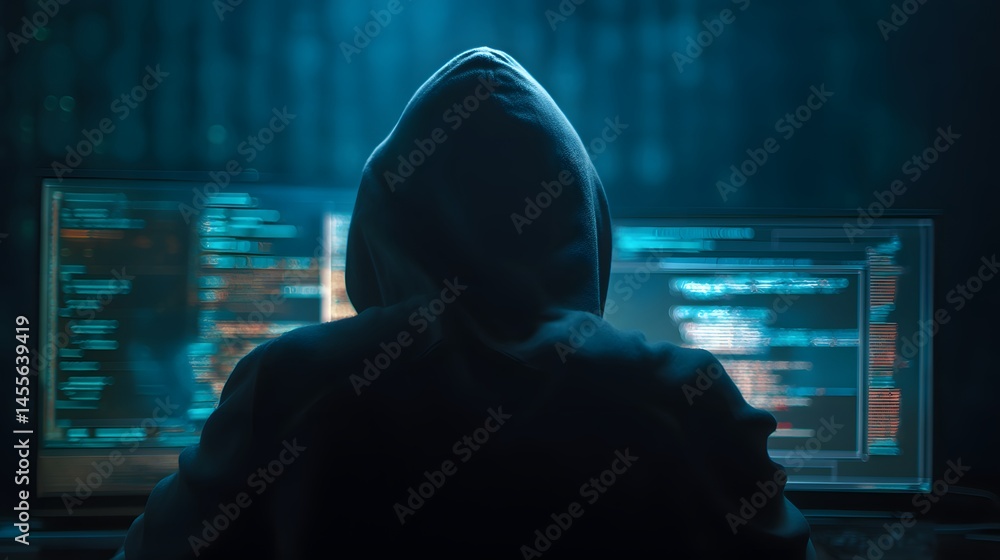 Poster silhouette of hacker in the dark room exploring cybercrime digital thief dark web using computer for