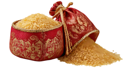 Rice in Elegant Bag: A close-up view of a golden rice grain overflowing from a red brocade bag, signifying abundance and prosperity.  The bag is tied with a gold string.