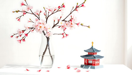 Vase with Plum Blossom and Petals in Minimalist Zen Setting