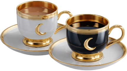 Two Coffee Cups with Moon Design: Elegant pair of coffee cups and saucers, one white and one black, each adorned with a golden crescent moon design. The cups are filled with coffee and cocoa.
