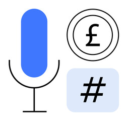Microphone icon for voice input, a British pound currency symbol, and a metadata tag in simple shapes. Ideal for technology, communication, finance, social media, modern UI, branding and a simple