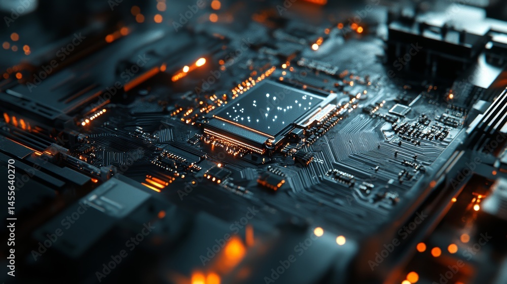 Poster close-up view of electronic circuit board showcasing intricate details with glowing components