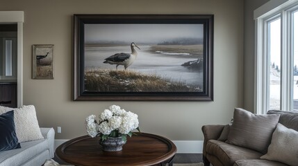 Fototapeta premium Wading bird in misty winter landscape painting