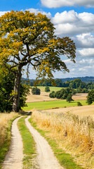 Fototapeta premium Countryside path leading through golden fields, large tree, sunny day, rolling hills background; ideal for travel brochures