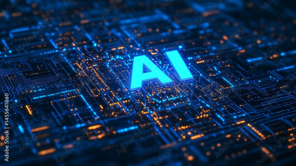Poster bright blue ai letters illuminate a circuit board design representing the future of technology and a