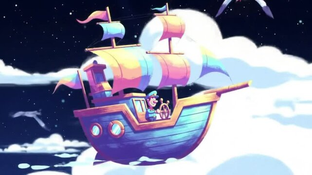 A magical cartoon boat flying in the sky, with clouds beneath and stars sparkling around it