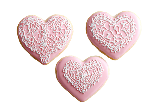  3 pink lace doily-shaped heart-shaped sugar cookies with intricate white icing designs on top, in a super-realistic photography style, isolated on a transparent background