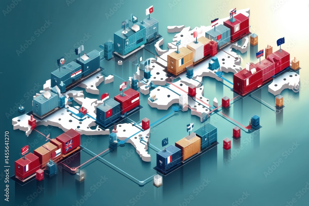 Aufkleber isometric world map showing disrupted supply chains with shipping containers and national flags halt