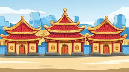 Obraz premium Pixelated depiction of classical architectural structures featuring ornate roofs and detailed facades set against a cityscape backdrop