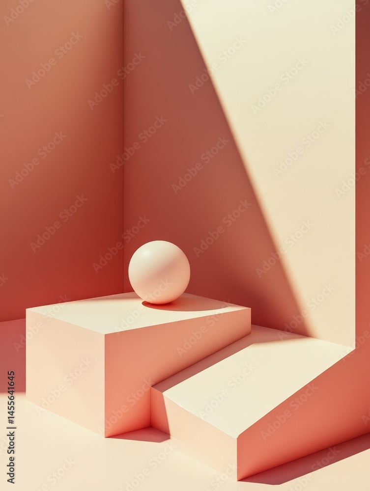 Poster creative geometric composition using soft coral-toned shapes and a spherical element in a minimalist
