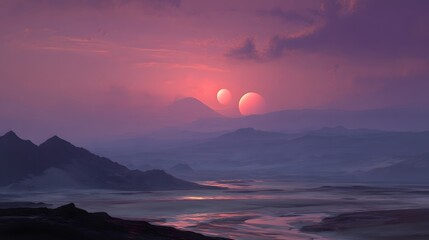 Naklejka premium Fantasy Landscape with Twin Suns Setting Over Misty Mountains and Reflecting in a Serene River Scenery Nature Background Wallpaper