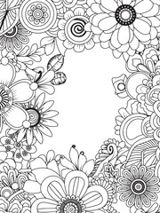 Zentangle Style Hand Drawn Floral Vertical Frame