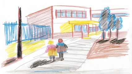 Children walking to school crayon drawing back to school art education kids