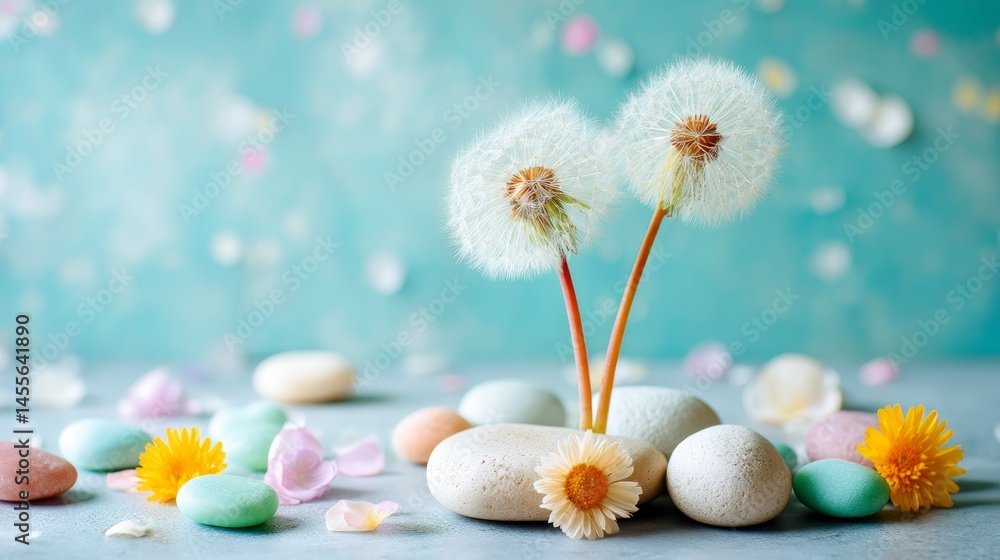 Fototapete close-up view of dandelion seed heads nestled between vibrant wildflowers and soft pastel pebbles, c
