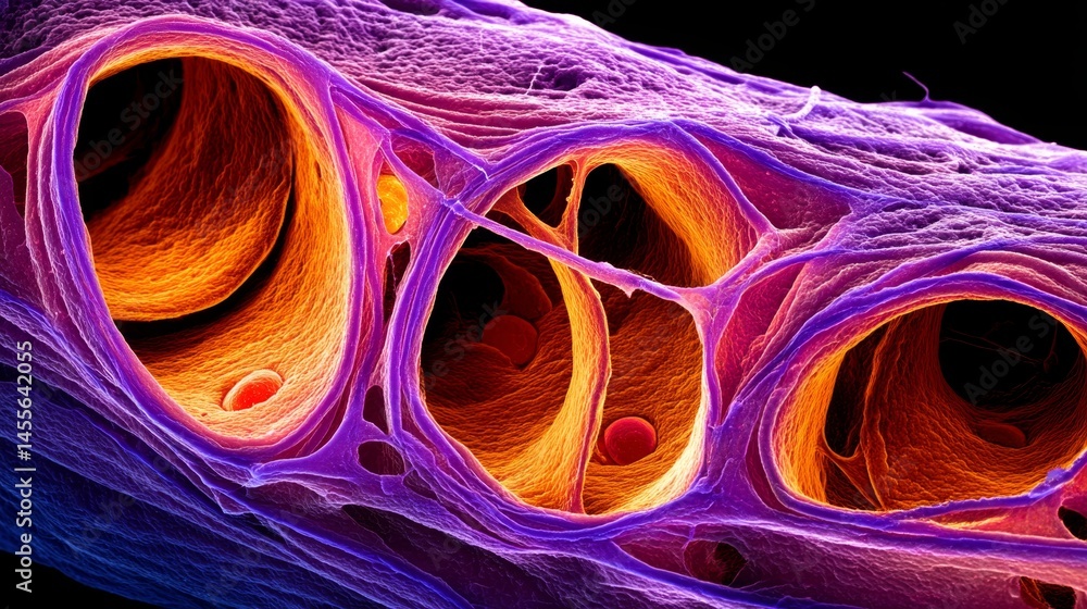Fototapete close-up view reveals glowing violet and orange biological structures under a microscope, showcasing
