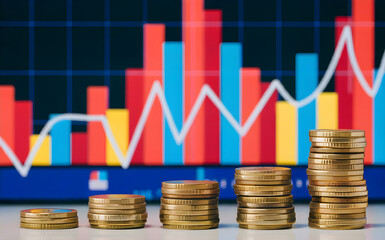 Stacked Gold Coins with Digital Financial Chart