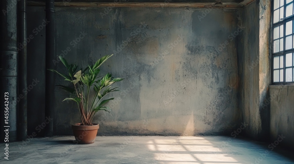 Poster optimally designed indoor space features a single potted plant in a minimalist room with natural lig