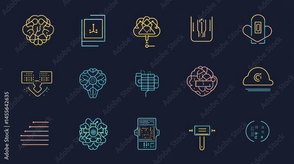 Poster collection of line icons representing various technology themes, including artificial intelligence a