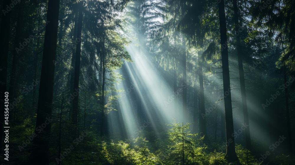 Poster sunlight filters through a dense forest, creating a serene atmosphere during early morning hours wit