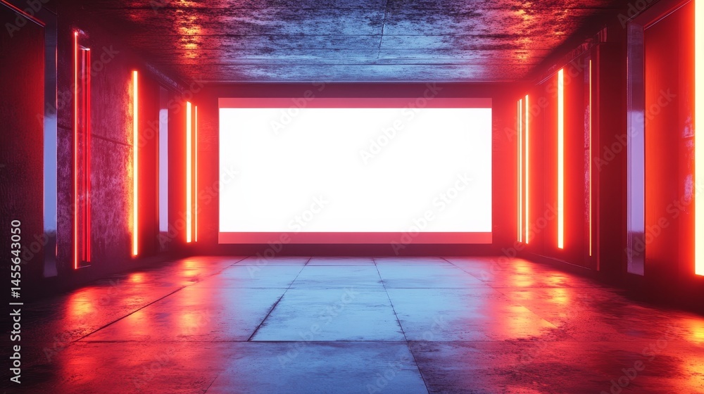 Poster modern empty space with glowing red lights and a large white screen in a darkened room suitable for 