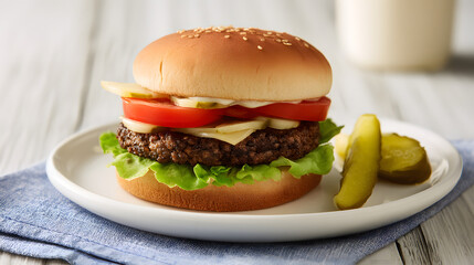 Delicious smaller burger with fresh lettuce, ripe tomato, and savory patty on a wooden table setting