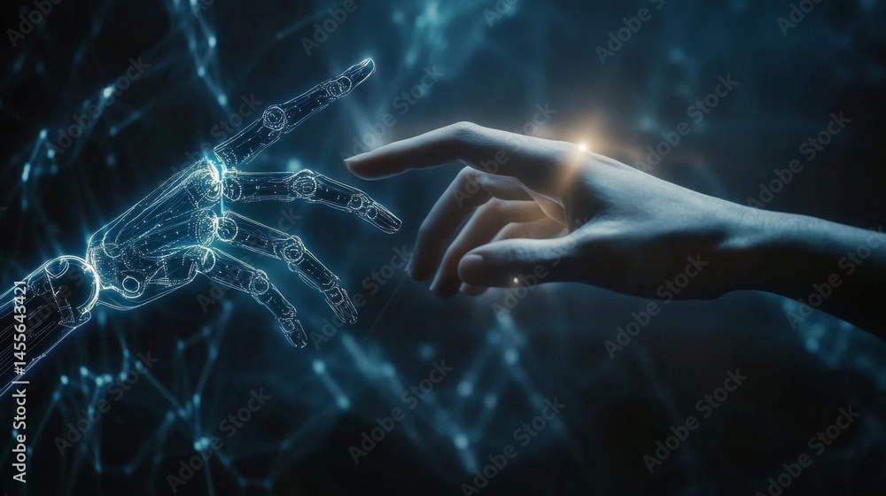 Poster human and robotic hand reach towards each other in a futuristic setting highlighting artificial inte