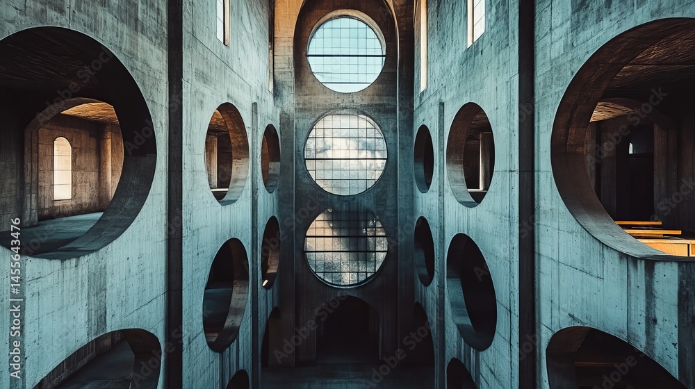 Poster modern architectural design with circular openings in a concrete structure showcasing natural light 
