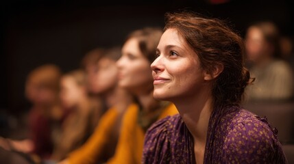 Close-up of a woman in an auditorium, thoughtful expression.